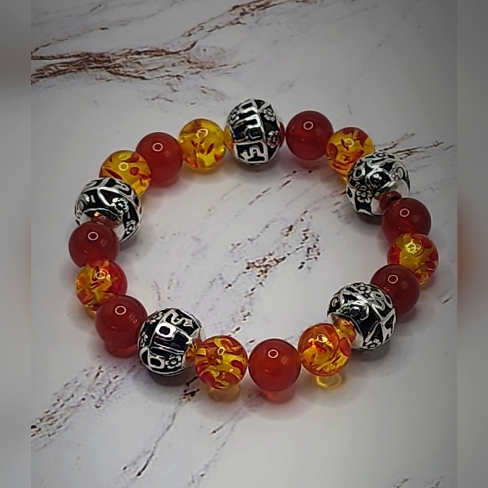 Yellow & Red beaded stretch Bracelet silver space beads